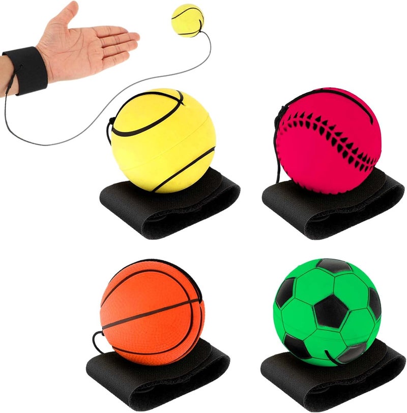 DSLSQD 4 Pieces Wrist Return Ball, 2 Inch Rubber Rebound Ball Wristband On A String Sports Wrist Ball Includes Basketball, Baseball and Football for Teens Adults Wrist Exercise or Play - Image 1